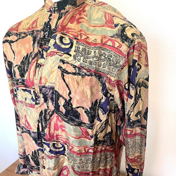 90s Silk Abstract Nehru Shirt - Long Sleeve - Mens - Size Large - Hamid Fashions - Picture 6 of 10